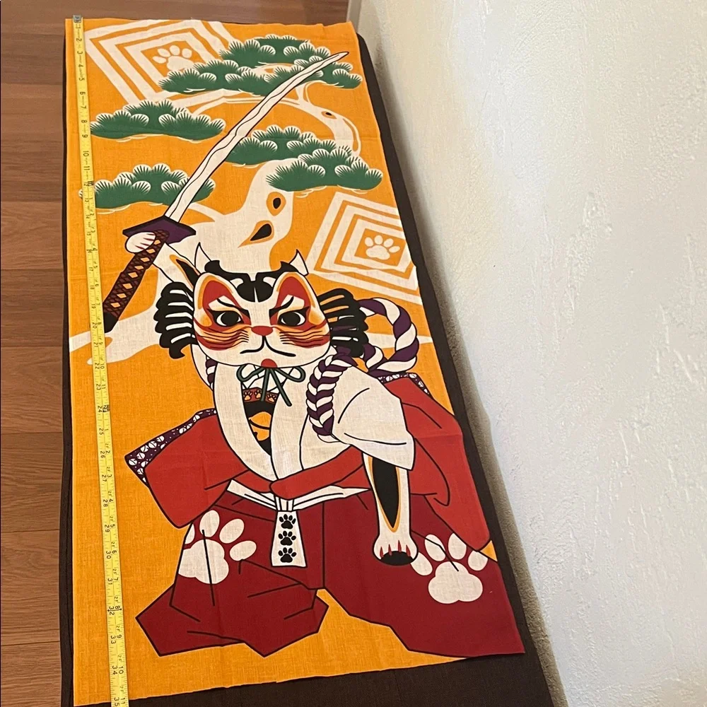 # 0893*35 L X 15W” Unframed Samurai Cat Tapestry/Vibrant Orange & Red Cat Lovers